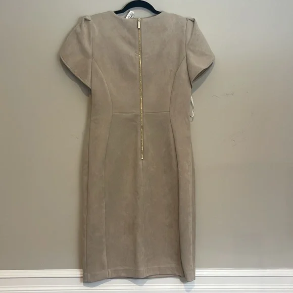 Calvin Klein Beige faux suede Midi Dress with Puff Sleeves - Picture 4 of 5